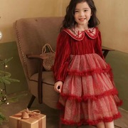 ！女童拜年服酒红色蛋糕裙娃娃领圣诞节丝绒礼服裙宴会