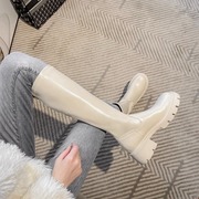 白色真皮内增高长筒靴女2023秋冬厚底小个子长靴粗腿显瘦靴子