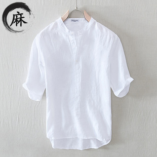 2024夏季亚麻男装纯色立领五分袖日系清新白色衬衣时尚寸衣