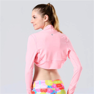 原单女子瑜伽长袖T恤 开衫速干透气性感 运动健身短款上衣 桃红色