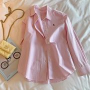 条纹翻领长袖粉色衬衫女早春设计感小众休闲上衣，韩系甜美宽松衬衣