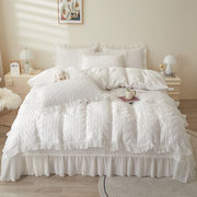 纯棉全夹棉床盖四件套加厚纯白色全棉公主风花边被套床单四季通用