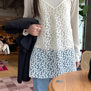 市舶司重工刺绣雏菊韩国女装2024春装蕾丝叠穿时尚打底吊带衫