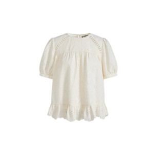 米白色镂空娃娃衫2024春夏，女甜美衬衫，花边拼接上衣小衫