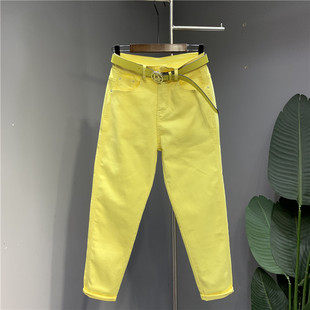 网红潮流黄色牛仔哈伦裤，2024年夏季高腰弹力，小脚休闲萝卜裤女