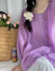 自制。温柔的浅粉紫天然苎麻圆领七分袖宽松圆领，衬衫女2024夏