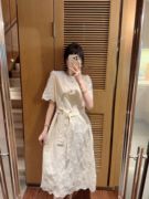 张静芝韩国东大门法式蕾丝，气质系腰带菱形块，镂空设计感连衣裙