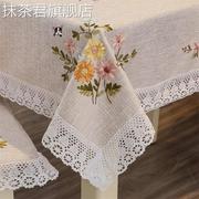 刺绣餐桌布台布棉麻绣花长方形，白色蕾丝茶几布艺，盖巾欧式田园客厅