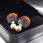 手工彩虹密钻水晶耳环，纯银珍珠耳钉简约高级感百搭时尚气质饰品