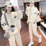 香港2023秋冬羽绒棉服马甲加绒卫衣女跑步运动套装三件套