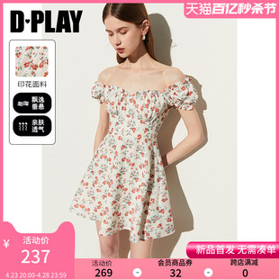 dplay2024年夏度假风，方领小泡泡袖红色印花短袖连衣裙短裙女