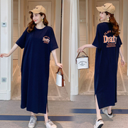 ins韩国夏季短袖t恤裙过膝长款睡衣女个性，字母印花家居服大码睡裙
