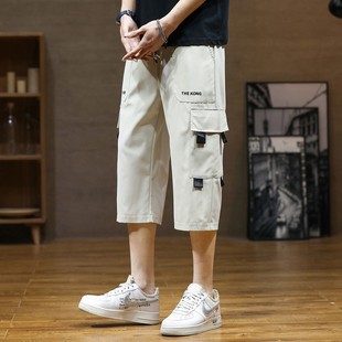 夏季7分中裤男士韩版潮流工装，七分裤男宽松浅灰色八分运动短裤子