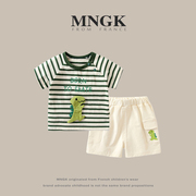 法国mngk男童夏装套装2024纯棉，婴儿条纹上衣短裤两件套夏季潮