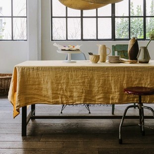 北欧简约风纯色柠檬黄桌，布亚麻棉餐桌垫ins复古野餐布客厅茶几布