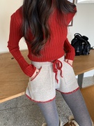 韩国东大门女装2024春冬时尚显瘦高腰，系带雪花图案针织短裤女