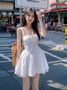 夏季白色吊带连衣裙女甜美收腰显瘦纯色百搭别致蕾丝，花边短款裙子