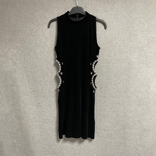 欧美时尚春秋冬季女装镶钻镂空黑色针织连衣裙