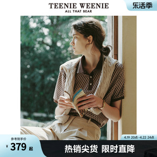 teenieweenie小熊女装2024夏装复古菱形格提花，polo衫短袖t恤