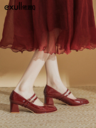依思q玛丽珍鞋女2023年秋秋红色鞋子女，中跟高跟鞋单鞋小皮鞋