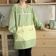 日系女士刺绣可爱猫咪，棉布家居罩衣，反穿衣防污厨房长袖围裙