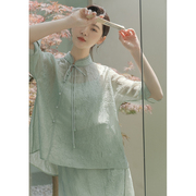 山有色夏季中国风复古女装唐装中式立领提花改良旗袍上衣半裙套装