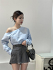 exclusivetype韩国简约不规则，斜领露肩设计宽松显瘦长袖衬衫女