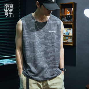 夏季冰丝背心凉感t恤男生无袖迷彩印花运动砍袖宽松大码速干体恤