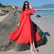 海南三亚旅游连衣裙红色雪纺波西米亚气质长裙海边度假长袖沙滩裙
