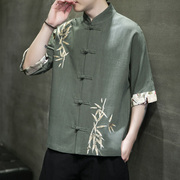 夏季中国风亚麻衬衫男短袖，衬衣中式改良汉服唐装刺绣棉麻半袖上衣