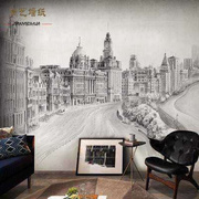水彩黑白素描建筑壁纸抽象欧式城w市，风景客厅壁画简约手绘背景墙