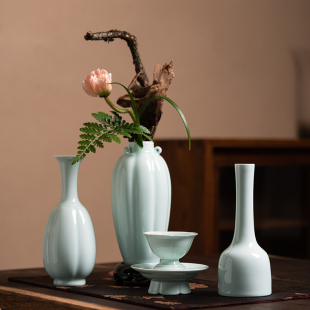 中式插花器皿影青仿宋瓜棱瓷瓶禅意水培插花花器陶瓷花瓶日式复古