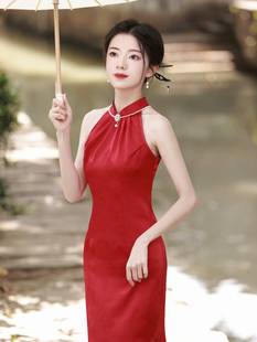 新中式国风红色改良旗袍2023敬酒服新娘订婚礼服无袖连衣裙