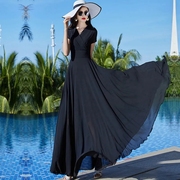 夏季黑色雪纺连衣裙，女气质v领修身显瘦波，西米亚沙滩大摆长裙