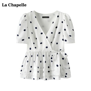 拉夏贝尔/La Chapelle复古波点短袖雪纺衫女夏季法式V领小衫上衣
