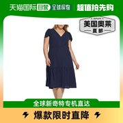 dknyplus女式低腰v领中长早秋连衣裙海军蓝美国奥莱