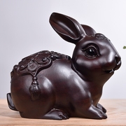 黑檀木实木雕刻兔子一对摆件动物木头兔红木家居客厅工艺品