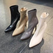 韩国泫雅风短靴女气质尖头高跟细跟后拉链加绒OL通勤短靴时装靴