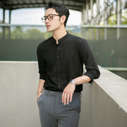 夏季立领衬衫男士韩版修身七分休闲白色，中袖寸衣五分半袖短袖长