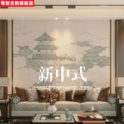 中式国风线描山水画墙纸养生馆，包间壁纸大气阁楼书房茶室装饰壁画