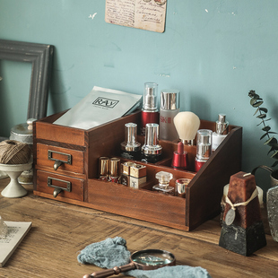 抽屉式化妆品复古收纳盒zakka桌面，梳妆台木质面膜口红书桌置物架