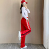 2024春秋运动套装女ins韩版长袖白色T恤搭配红色阔腿裤两件套