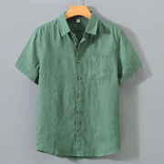 纯亚麻料短袖衬衫男士日系复古棉，麻布绿色上衣服夏季薄款休闲衬衣