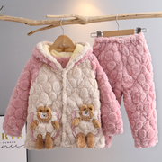 冬季款三层夹棉儿童睡衣女童加绒加厚法兰绒宝宝珊瑚绒家居服套装