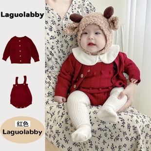 韩版婴儿外套手工毛球纯棉毛衣针织开衫背带裤套装女宝宝连体哈衣