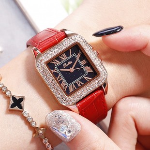 士手表潮流玫瑰玫金壳复古真皮，表带女时尚方形石英国产腕表
