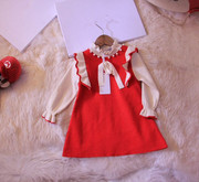 中小童春秋裙装 甜美洋气 红白拼色 针织弹力棉荷立领长袖连衣裙