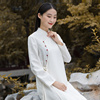 白色中式棉麻改良旗袍连衣裙，2022春秋中国风，禅意茶服复古女装