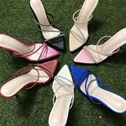 时尚凉鞋2024韩国模特定制款性感细跟尖头水钻细带高跟淑女风女鞋