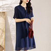 九月陌墨蓝色连衣裙2023雪纺短袖，长裙质感奢华气质高级感裙子